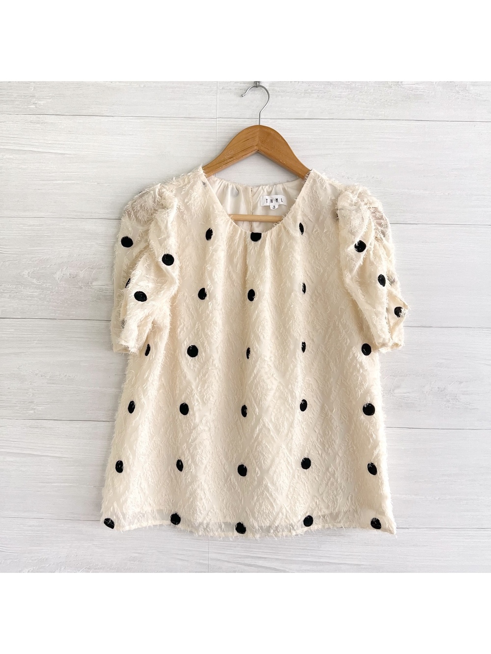 THML Ivory Black Polka Dot Textured Puff Sleeve Blouse Top Womens S